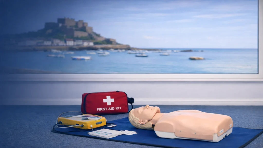 First aid training Jersey, equipment and CPR manikin setup in a Jersey-based classroom environment